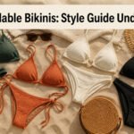 A collection of colorful bikinis displayed on a beach towel.