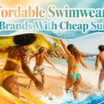 Various affordable swimsuits displayed on a sandy beach background.