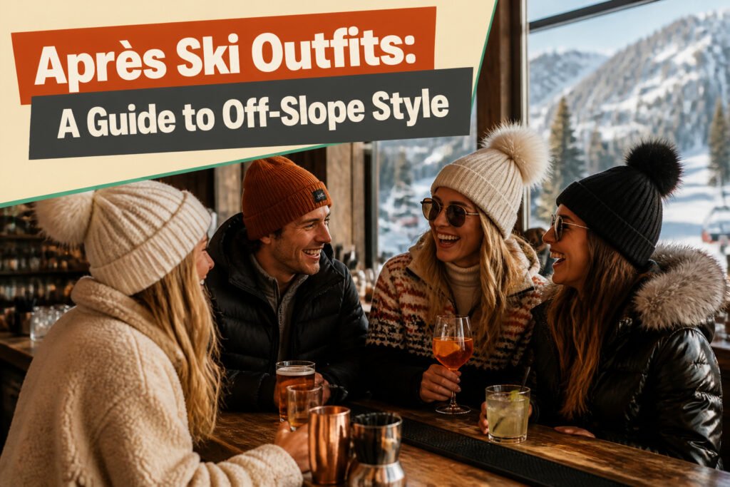 Model wearing layered après ski outfit in a cozy lodge setting.