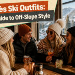 Model wearing layered après ski outfit in a cozy lodge setting.
