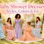 A model wearing a colorful dress poses in a garden full of flowers.