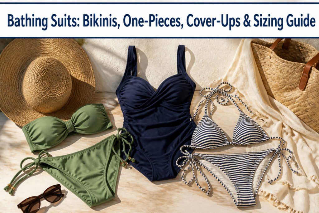 An assortment of bathing suits in different styles and colors.