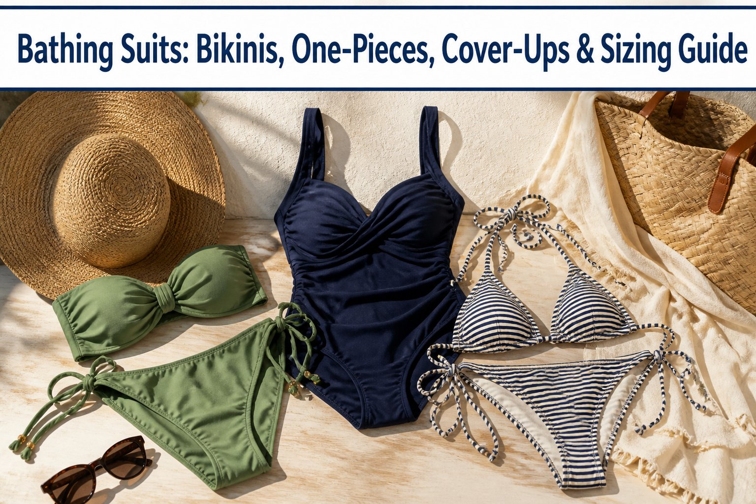 An assortment of bathing suits in different styles and colors.