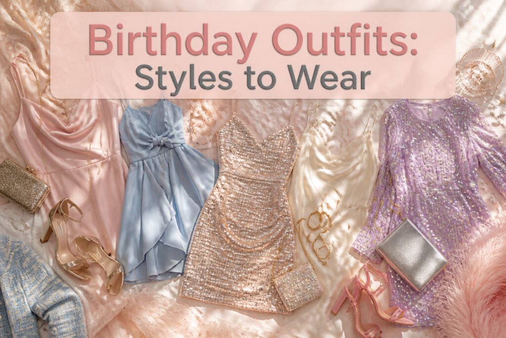 A birthday outfit displayed with various styles and accessories.