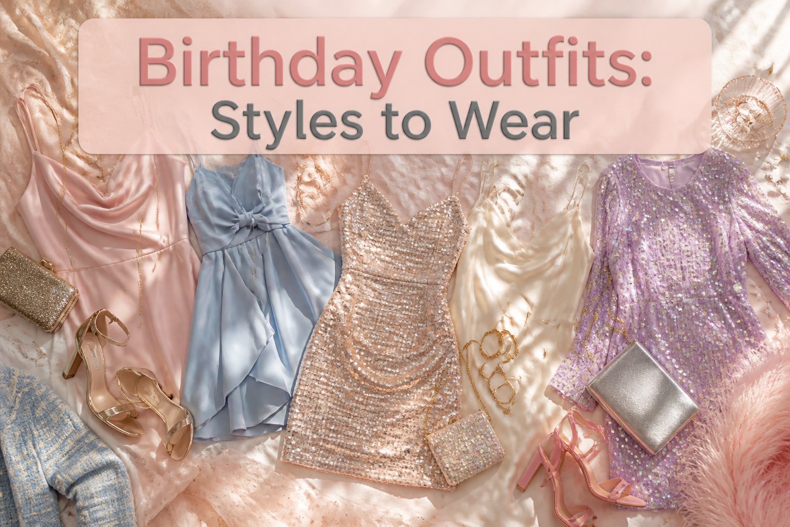 A birthday outfit displayed with various styles and accessories.