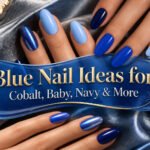 Collage of various blue nail designs including cobalt, baby blue, and navy.