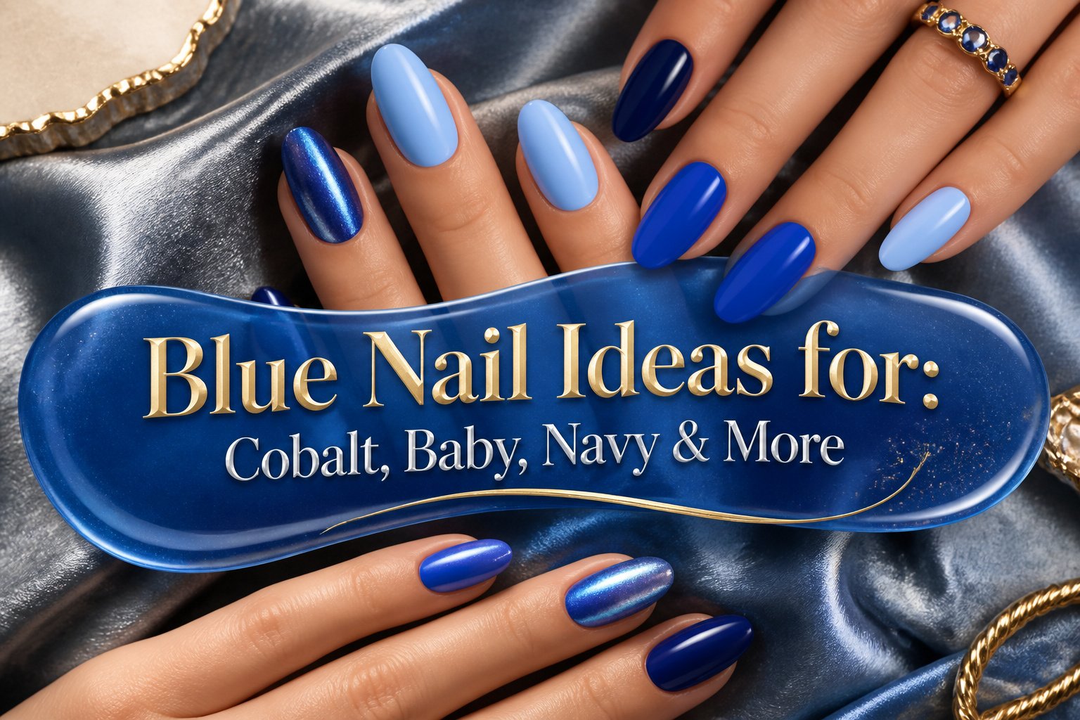Collage of various blue nail designs including cobalt, baby blue, and navy.