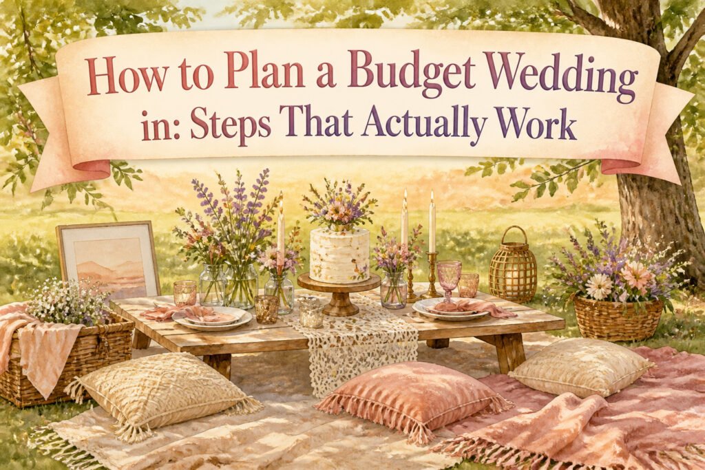 A wedding planning workspace with notes, a calculator, and a laptop.