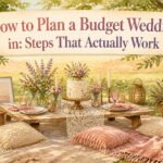 A wedding planning workspace with notes, a calculator, and a laptop.