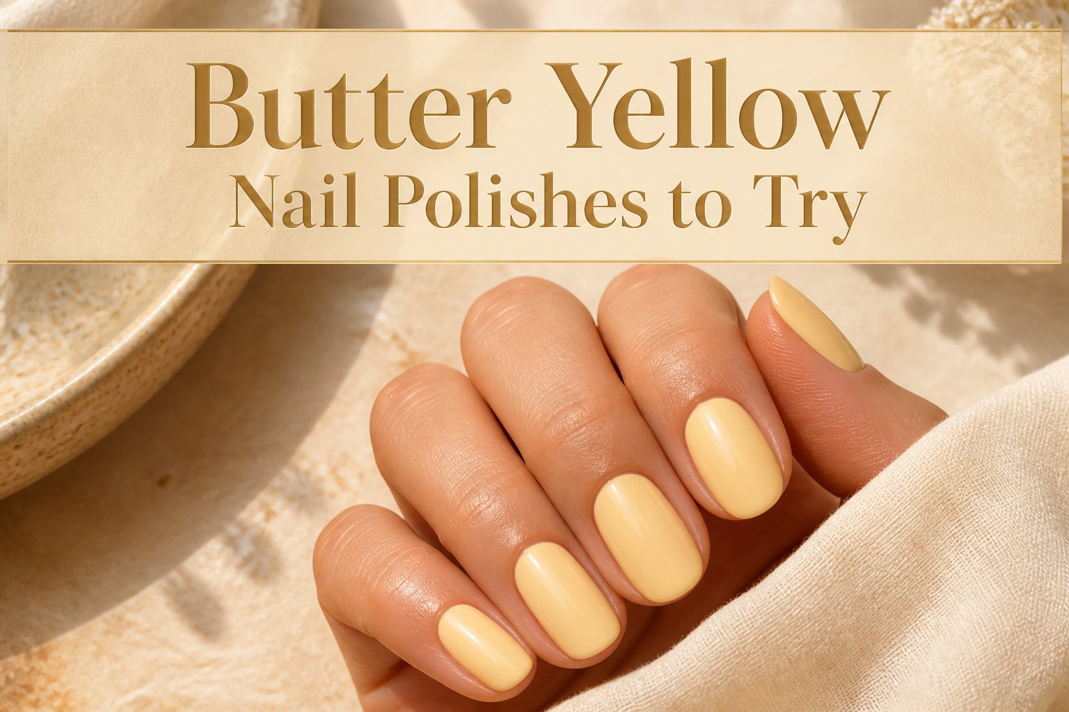 Various bottles of butter yellow nail polishes displayed together.