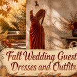 Various fall wedding guest dresses in different styles and colors.