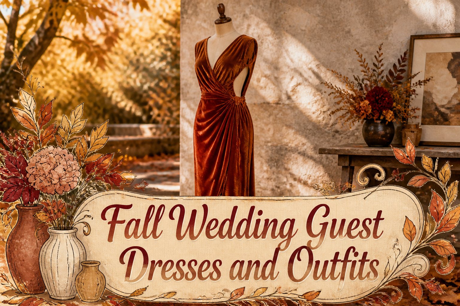 Various fall wedding guest dresses in different styles and colors.