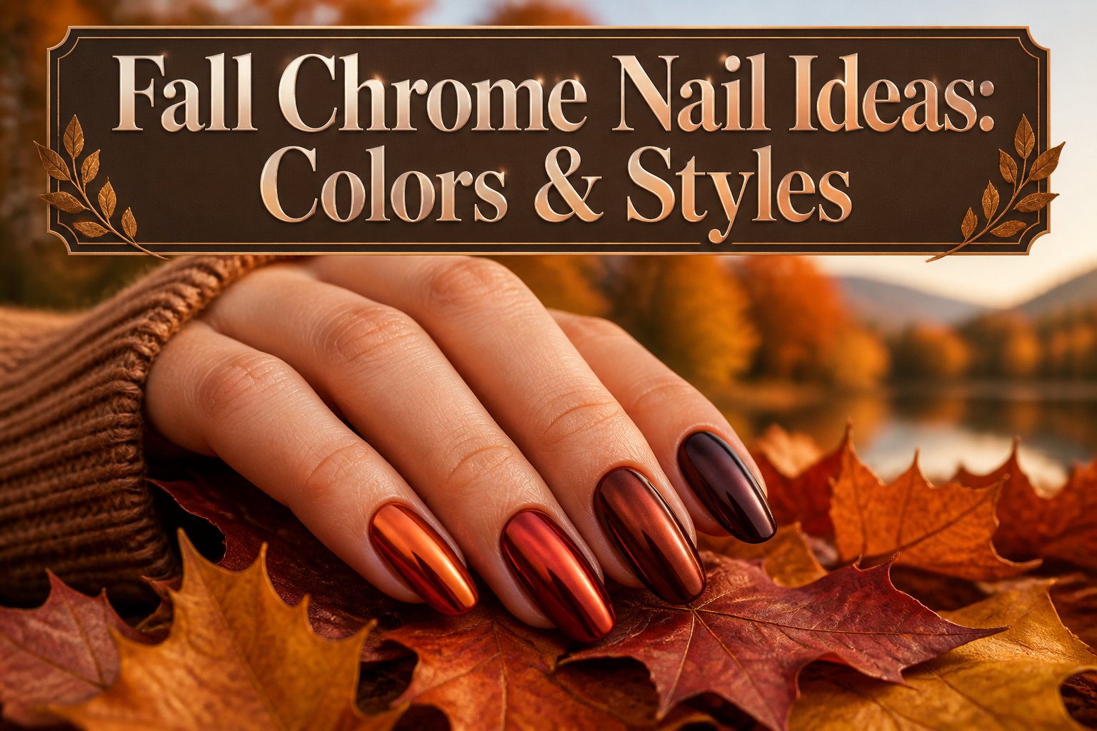 A variety of fall chrome nail designs in different colors and styles.