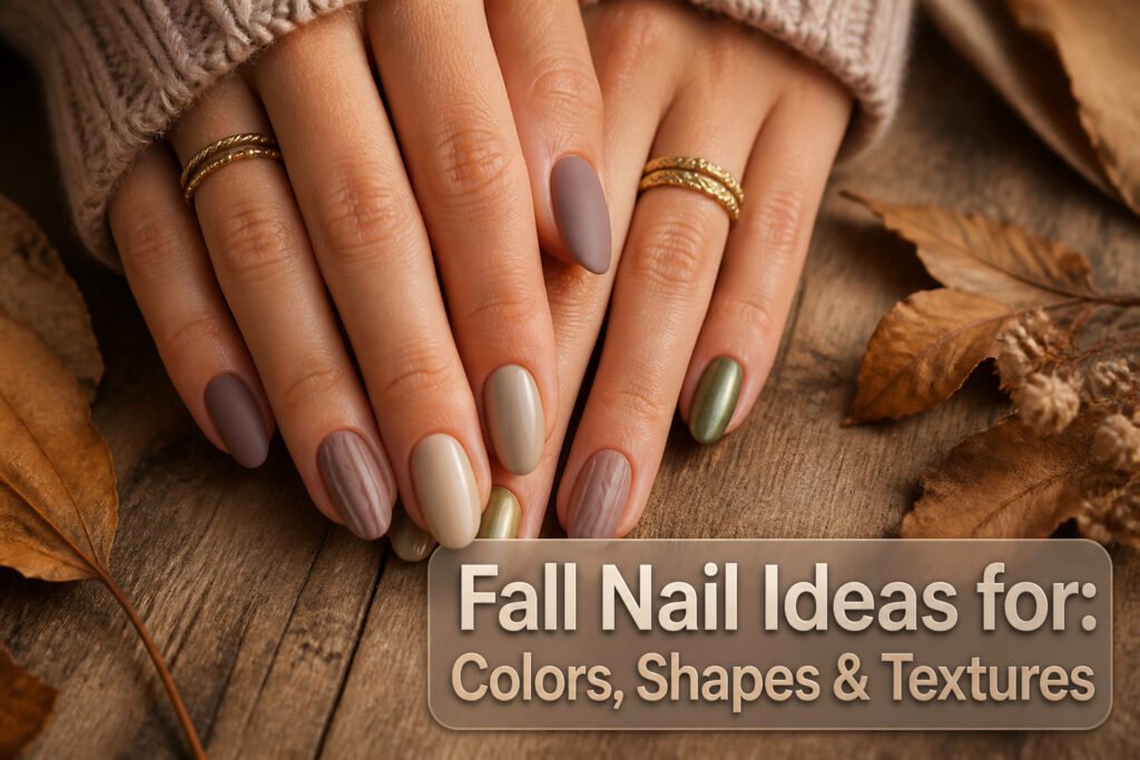 Various fall nail designs featuring deep colors and unique textures.