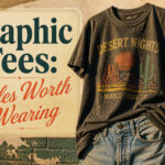 A display of different graphic tees featuring various designs and colors.