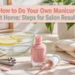 A manicure station with various nail polishes and tools arranged neatly.