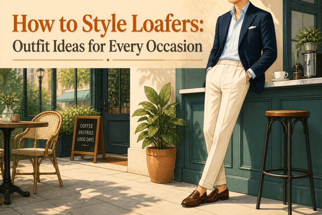 A collection of loafers styled with different outfits in a fashion article.