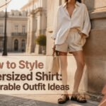 A model demonstrating various oversized shirt styles in a bright setting.