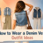 Model wearing a denim vest with different outfits in an outdoor setting.