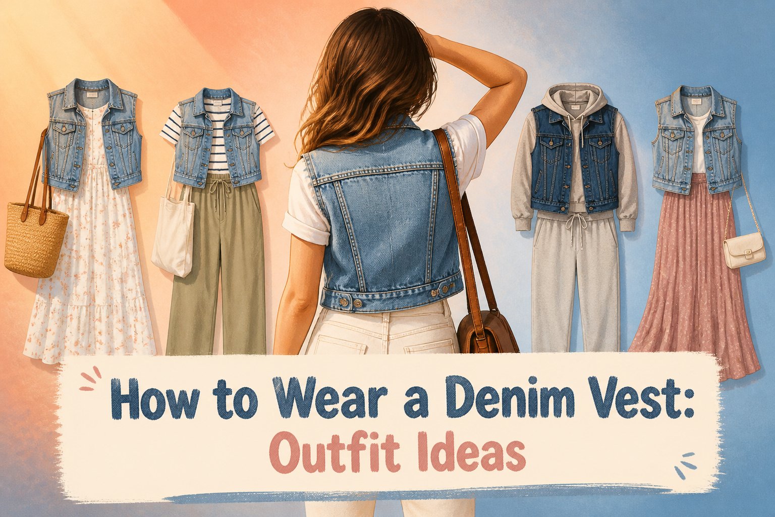 Model wearing a denim vest with different outfits in an outdoor setting.