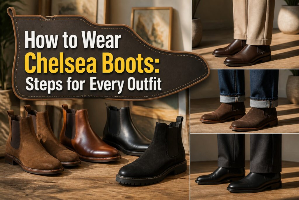 A collection of Chelsea boots in different styles and colors.