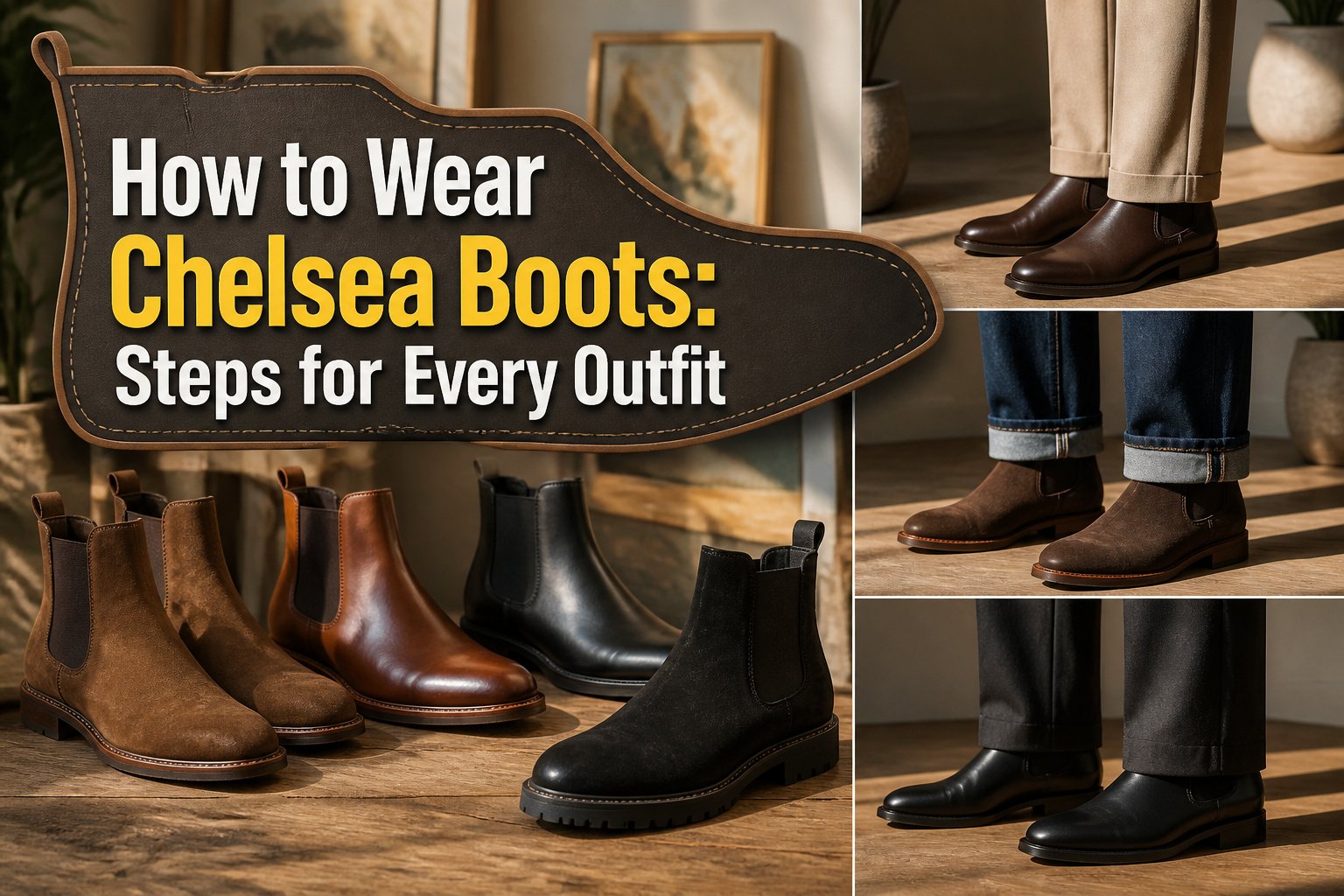 A collection of Chelsea boots in different styles and colors.