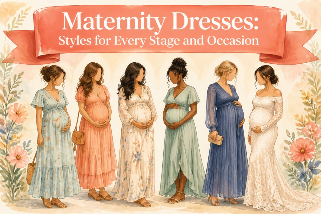 Various styles of maternity dresses displayed on a neutral background.