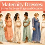 Various styles of maternity dresses displayed on a neutral background.