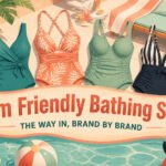 Various mom-friendly bathing suits displayed in a bright setting.