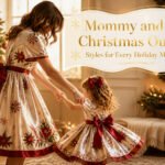 Mother and daughter wearing matching Christmas outfits in a festive setting.
