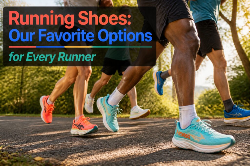 Different styles of running shoes arranged on a wooden background.