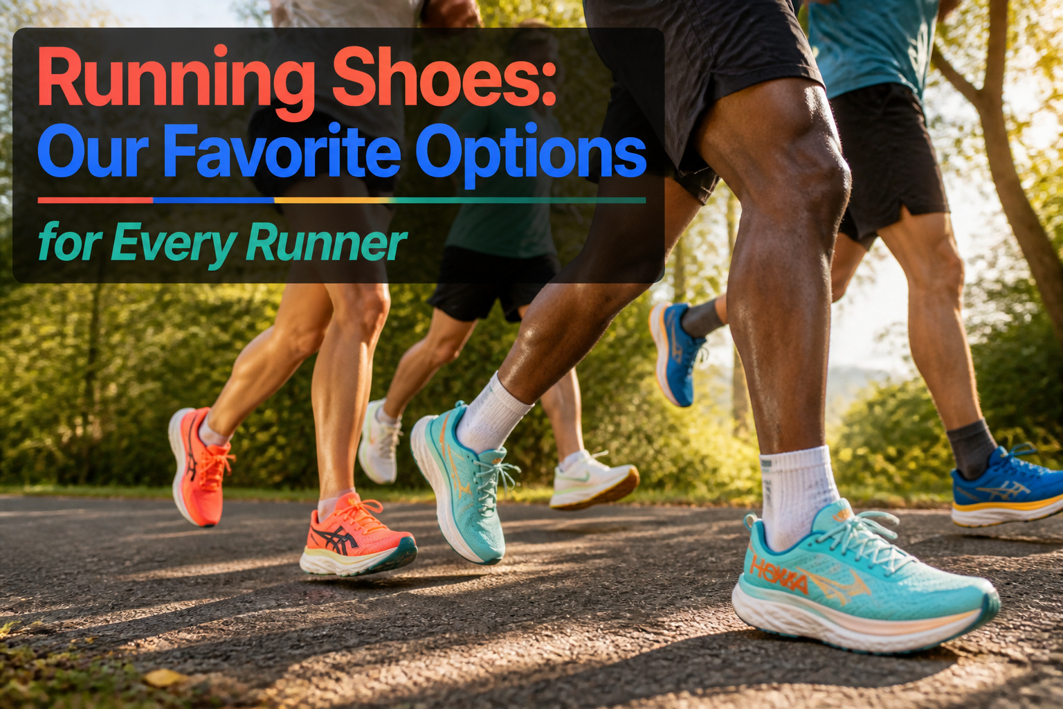 Different styles of running shoes arranged on a wooden background.