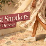 Different sneakers displayed alongside dresses suitable for various occasions.