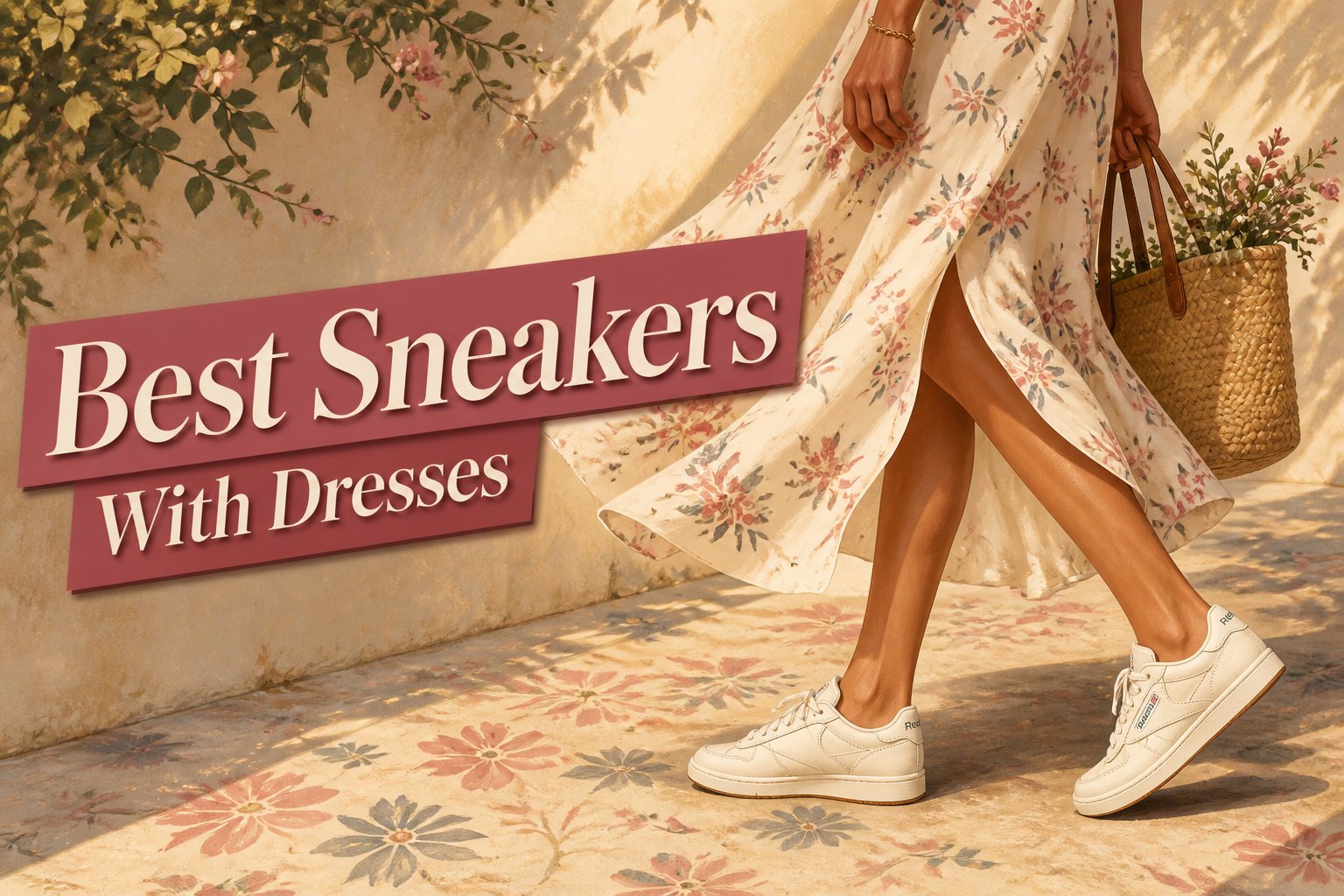 Different sneakers displayed alongside dresses suitable for various occasions.