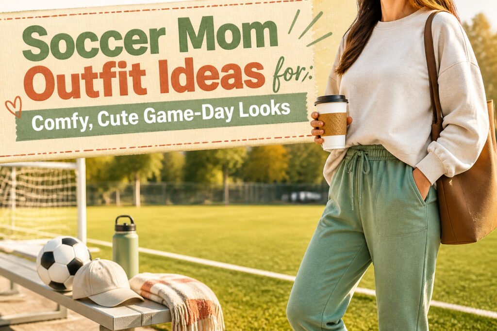 Various soccer mom outfits displayed on a sunny soccer field.