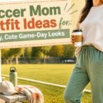 Various soccer mom outfits displayed on a sunny soccer field.