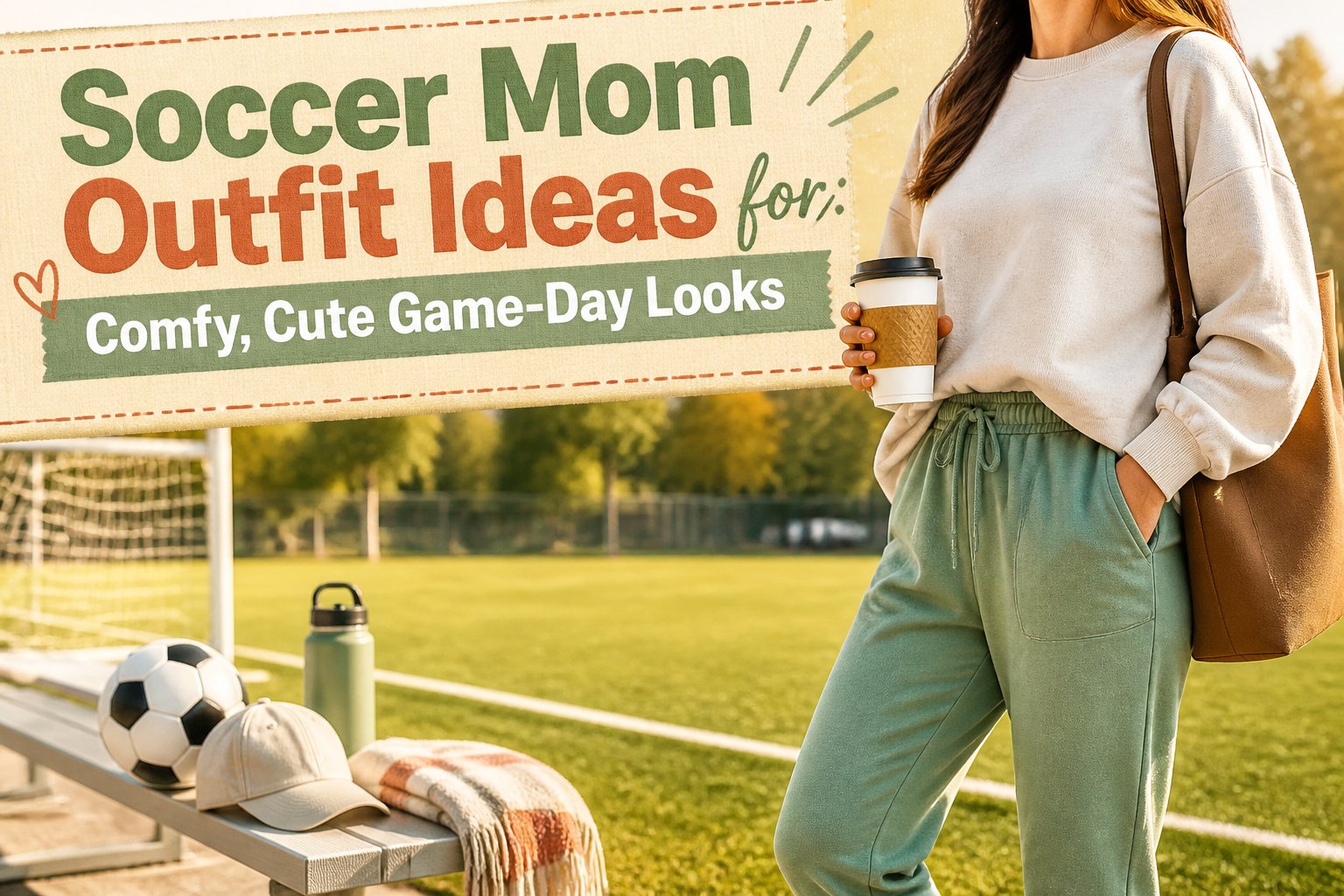 Various soccer mom outfits displayed on a sunny soccer field.