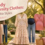 Various trendy maternity clothing items displayed together.