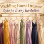 Various wedding guest dresses displayed in different styles and colors.