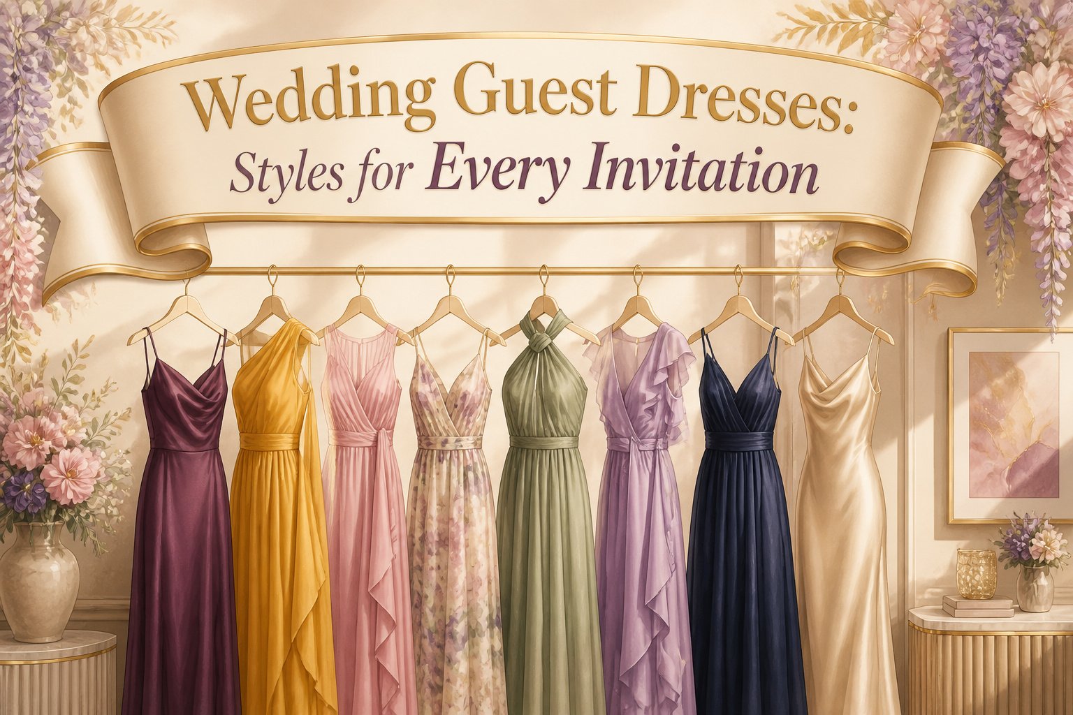 Various wedding guest dresses displayed in different styles and colors.