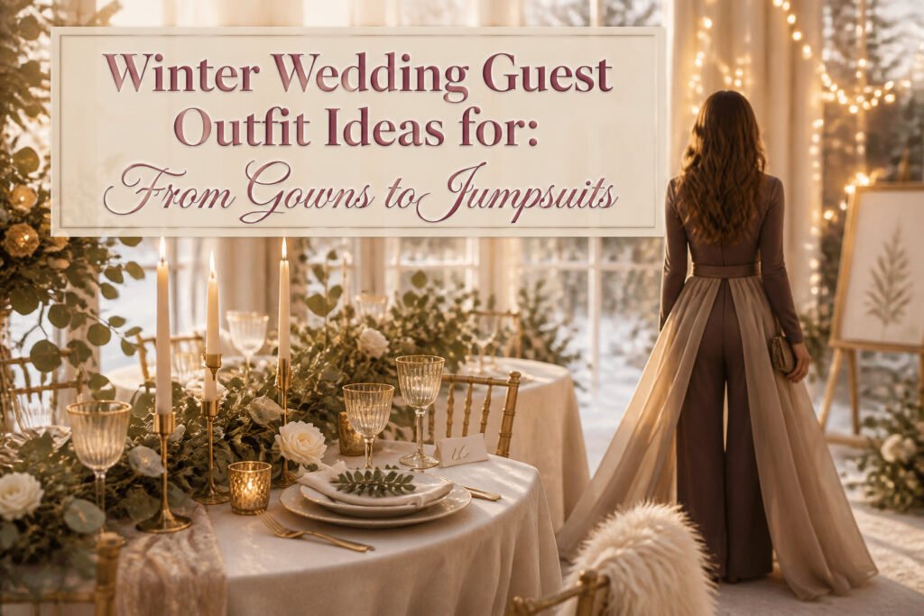 A collection of winter wedding guest outfits including gowns and jumpsuits.
