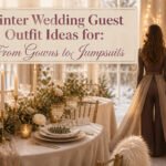 A collection of winter wedding guest outfits including gowns and jumpsuits.